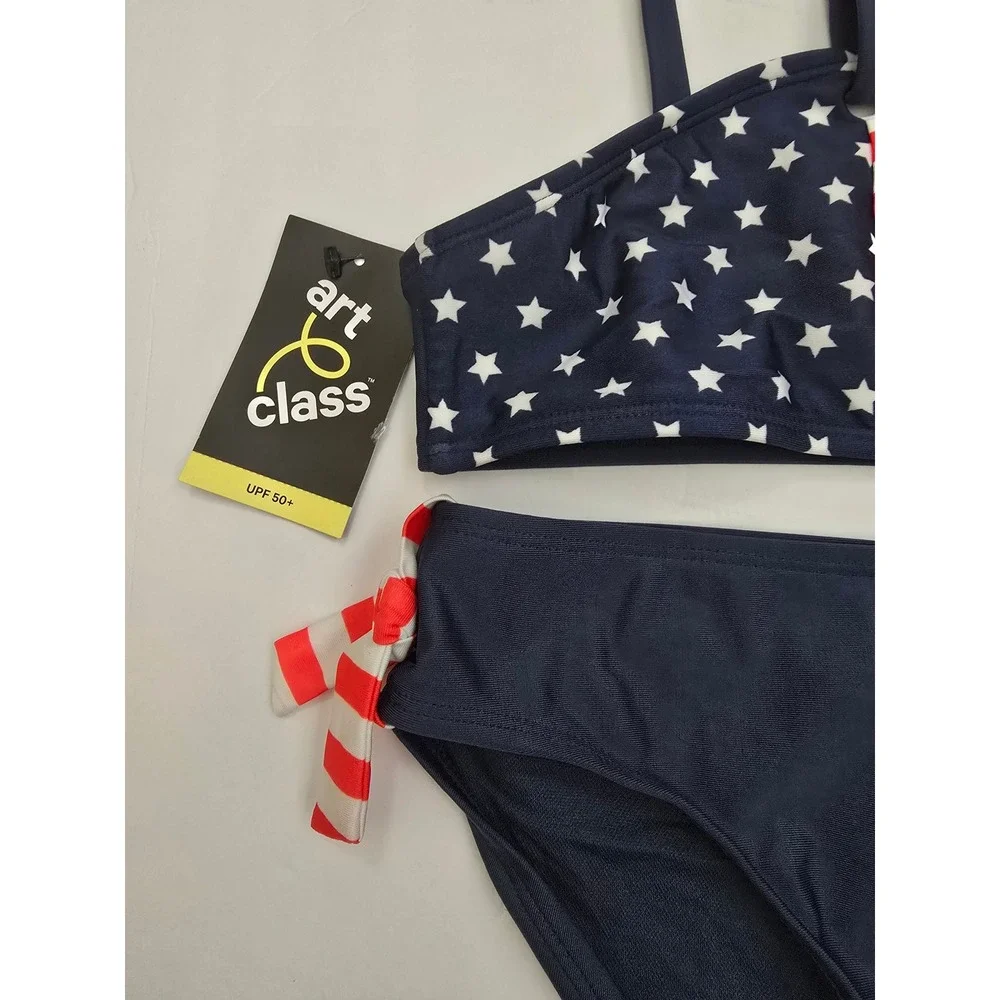Art Class Girls Americana Stars and Stripes Bikini Navy Red White Size M 8 NWT